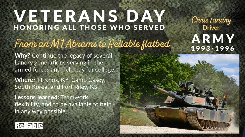 A image for Veterans Day featuring employee Chirs Landry, showing an M1 Tank he used to operate in service